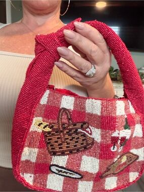 Red Beaded Picnic-Embellished Women's Handbag